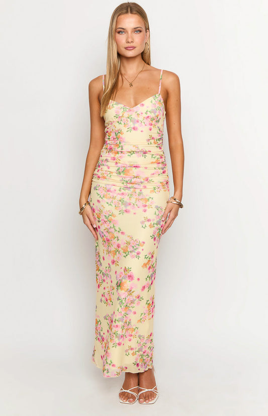 Floral Yellow Ankle-Length Prom Dresses Spaghetti Straps Maxi Dress