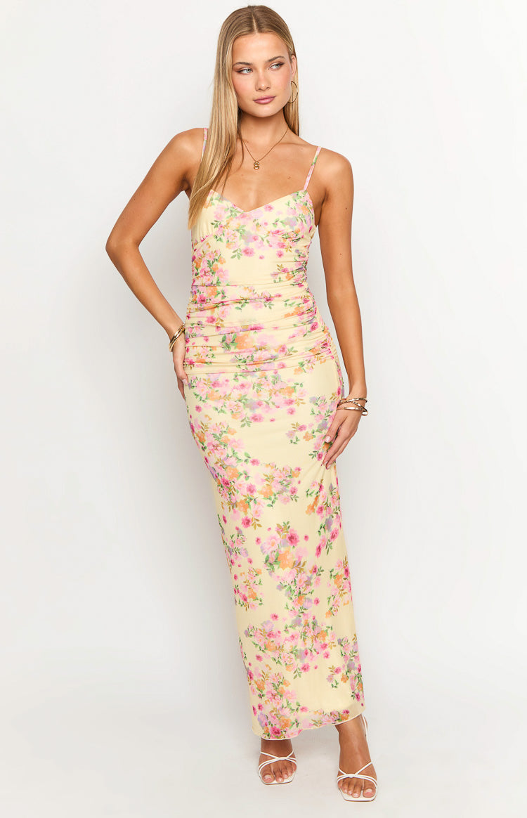 Floral Yellow Ankle-Length Prom Dresses Spaghetti Straps Maxi Dress