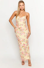 Floral Yellow Ankle-Length Prom Dresses Spaghetti Straps Maxi Dress