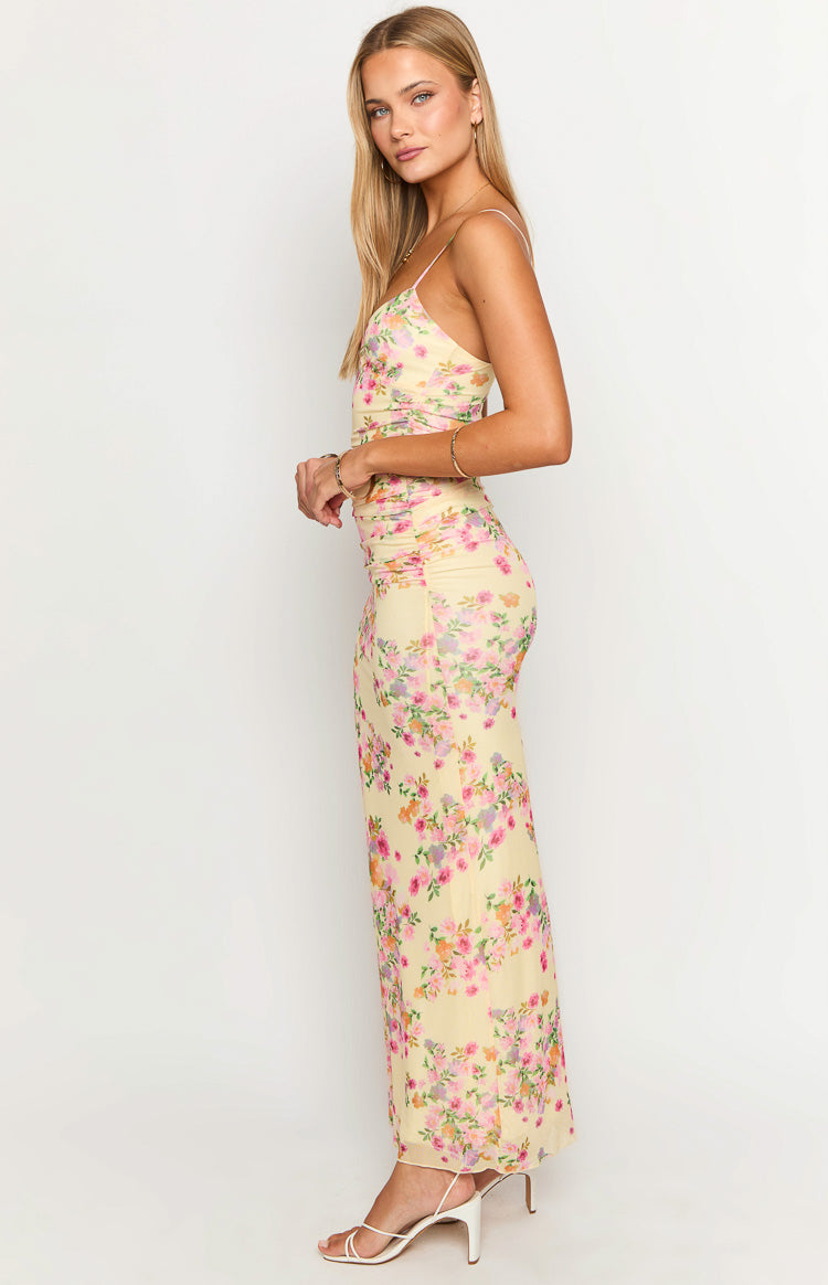 Floral Yellow Ankle-Length Prom Dresses Spaghetti Straps Maxi Dress