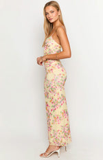 Floral Yellow Ankle-Length Prom Dresses Spaghetti Straps Maxi Dress