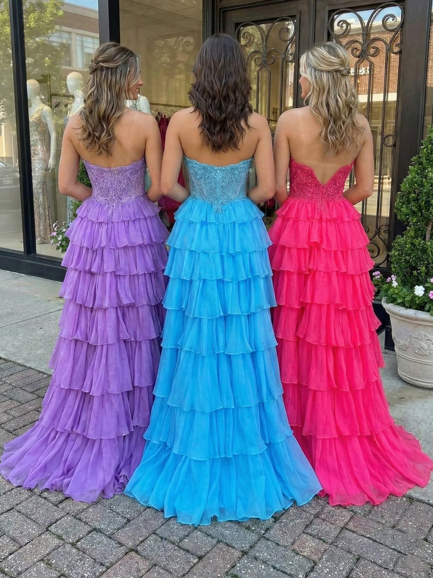 Sky Blue Beaded Corset Tiered Ruffle Long Prom Dress