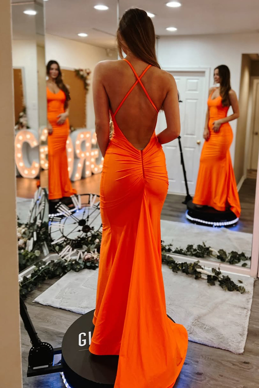 Sleek Orange Mermaid Gown with Criss Cross Back and Smooth Satin Finish Prom Dress
