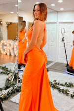 Sleek Orange Mermaid Gown with Criss Cross Back and Smooth Satin Finish Prom Dress