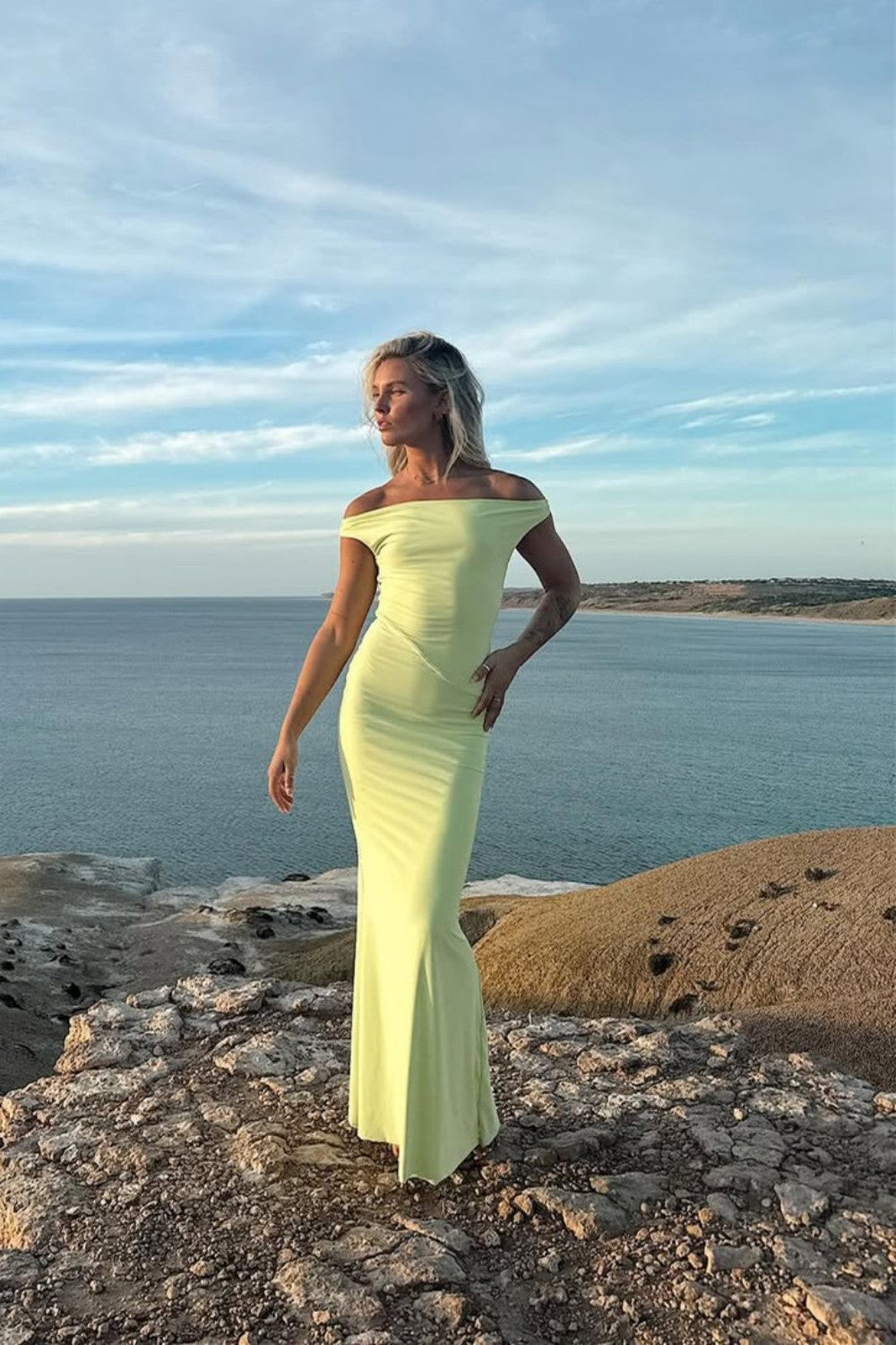 Sleek Pastel Yellow Off-Shoulder Mermaid Silhouette Prom Dress