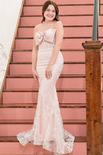 Elegant Strapless Light Blue Lace Mermaid Gown with Bow Detail