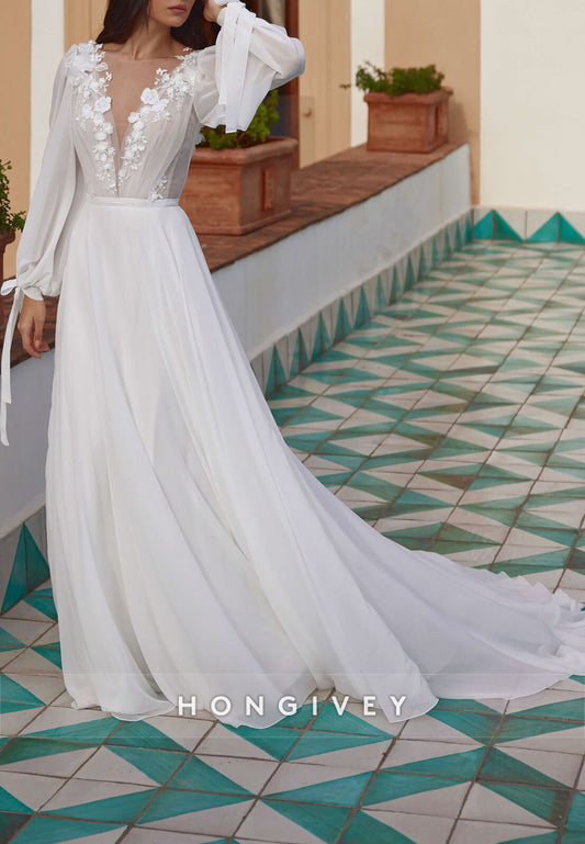 Straps Long Sleeve V Neck V Back Flowers Appliqued Chapel Train Wedding Dresses
