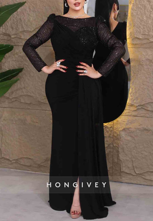 Long Sleeves Formal Gowns Side Slit Shoulder Flower Floor-Length Evening Gowns