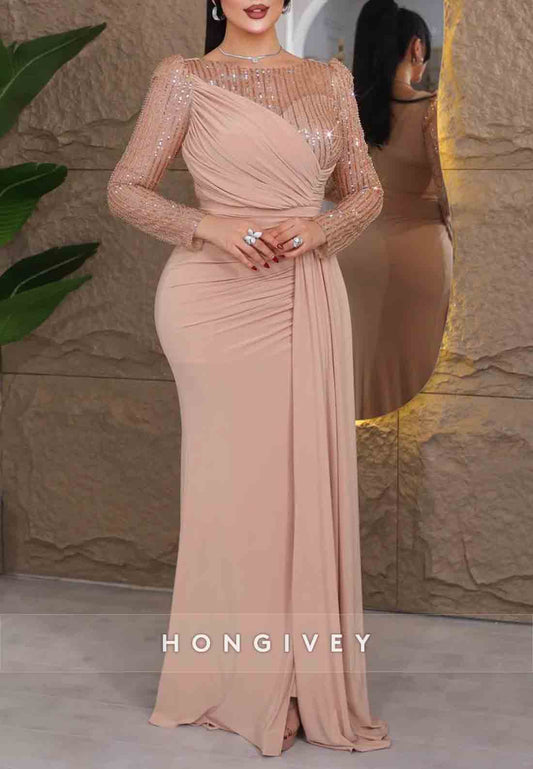 Long Sleeves Side Draping Pleated Chiffon Floor-Length Trumpet Evening Gowns