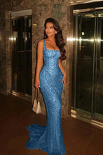 Spaghetti Straps Square Sparkle Sequins Mermaid Floor-Length Prom Dress