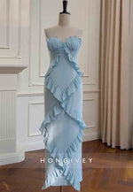 Spaghetti Straps Light Blue Column Long Prom Dress with Ruffled Hem