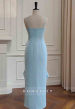 Spaghetti Straps Light Blue Column Long Prom Dress with Ruffled Hem
