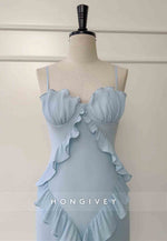 Spaghetti Straps Light Blue Column Long Prom Dress with Ruffled Hem