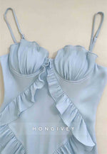 Spaghetti Straps Light Blue Column Long Prom Dress with Ruffled Hem