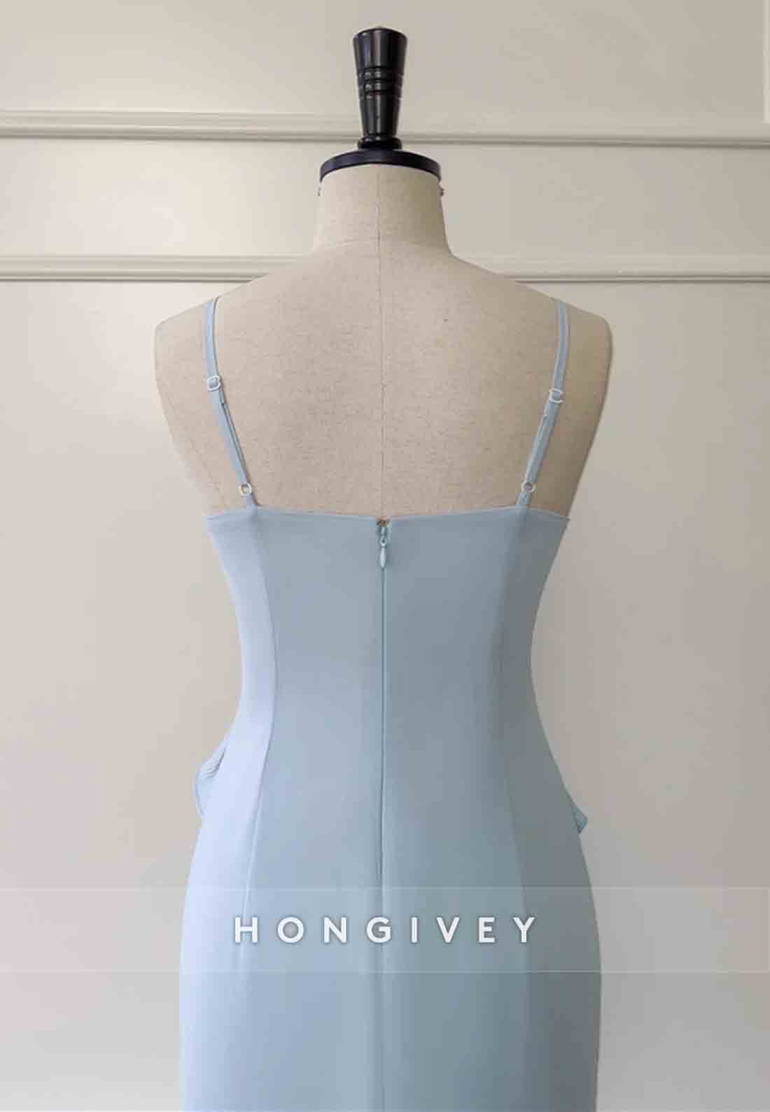 Spaghetti Straps Light Blue Column Long Prom Dress with Ruffled Hem