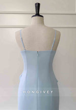 Spaghetti Straps Light Blue Column Long Prom Dress with Ruffled Hem