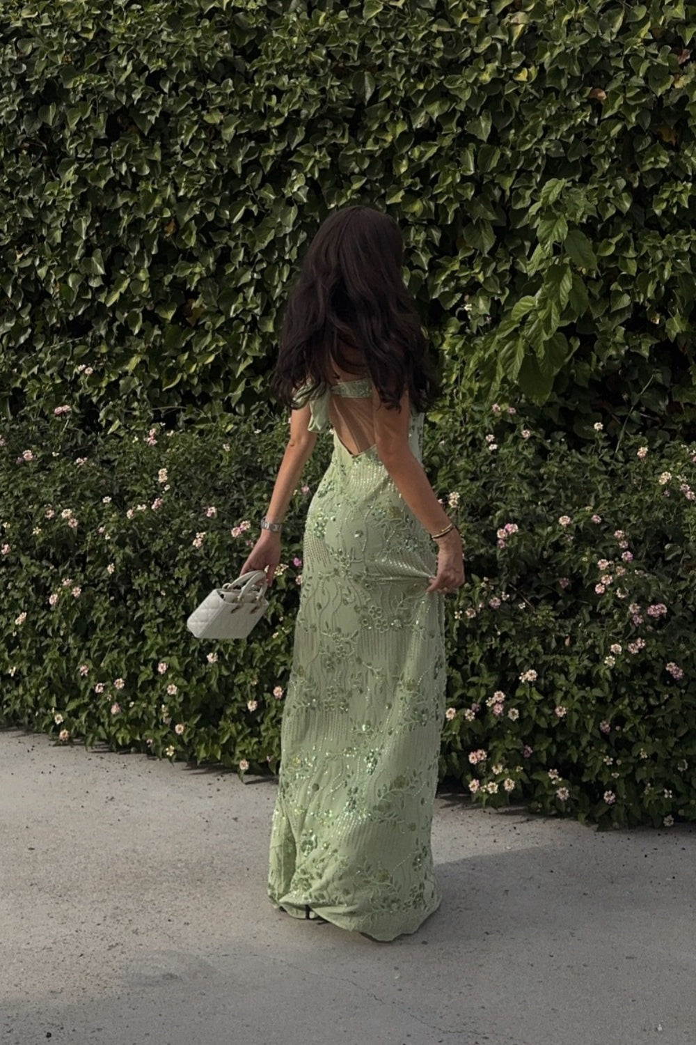 Spaghetti Straps Green Floral Beaded Long Dress