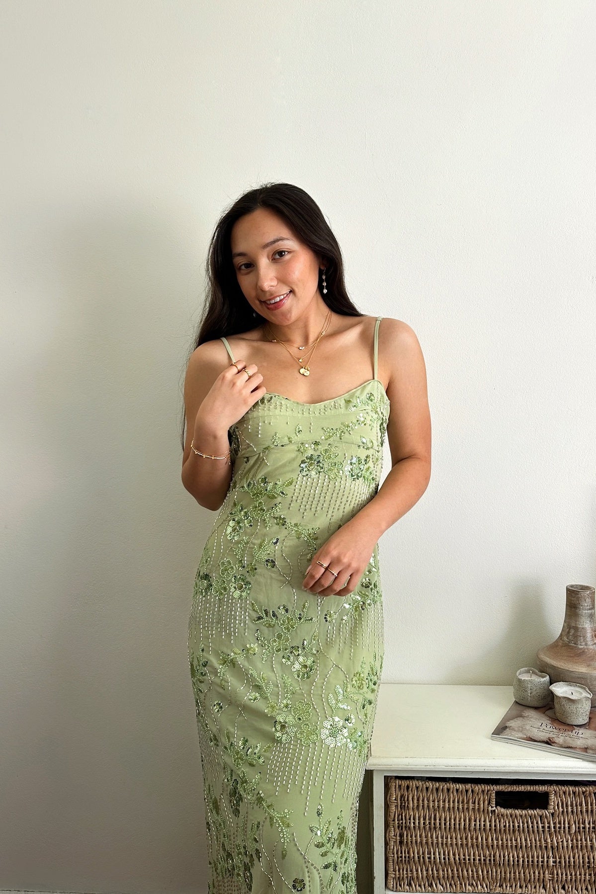 Spaghetti Straps Green Floral Beaded Long Dress