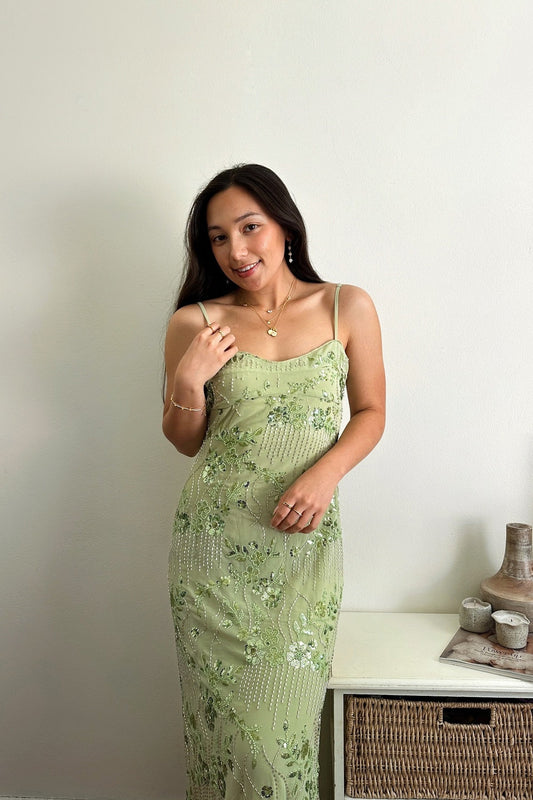 Spaghetti Straps Green Floral Beaded Long Dress
