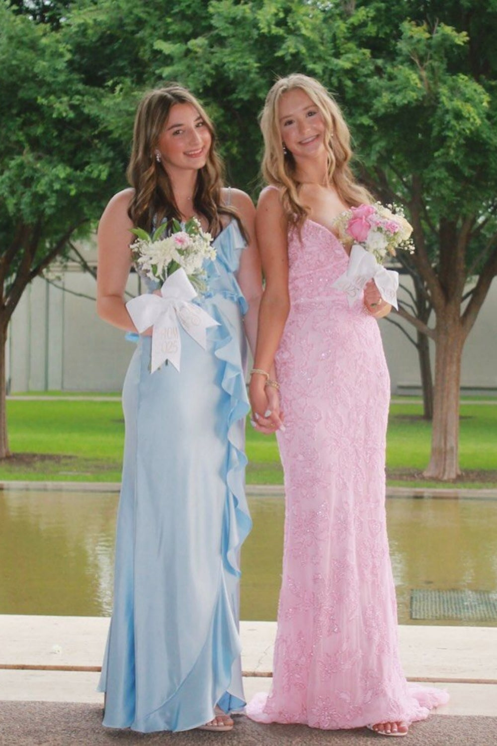 Spaghetti Straps Light Blue Ruffles Satin Long Dress