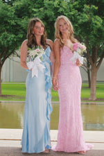 Spaghetti Straps Light Blue Ruffles Satin Long Dress