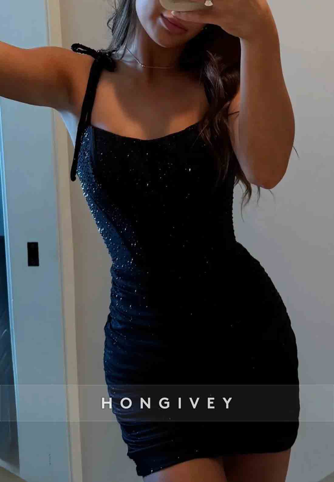 Sparkle Ruched Bodycon Beaded Homecoming Dress with Corset Bodiceand Tie Straps