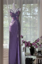 Sparkly A Line Spaghetti Straps Purple Long Prom Dress with Beading