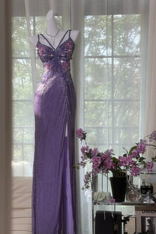 Sparkly A Line Spaghetti Straps Purple Long Prom Dress with Beading