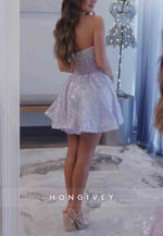Strapless Corset Sparkly A Line Lilac Sequins Short Homecoming Dress with Beading