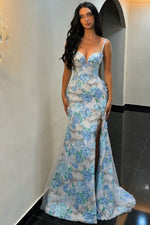 Trendy Mermaid Spaghetti Straps Blue Floral Mermaid Prom Dress with Lace Up Back and Slit