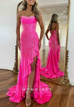 Sparkly Hot Pink Mermaid Strapless Long Beaded Prom Dress with Slit