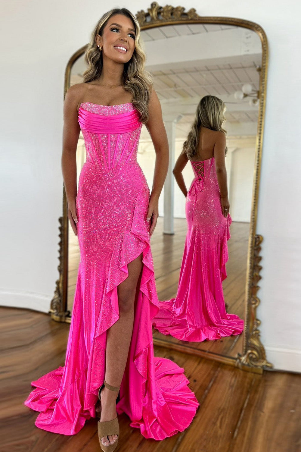 Sparkly Hot Pink Mermaid Strapless Long Beaded Prom Dress with Slit