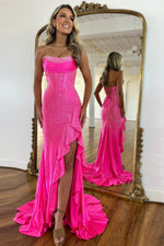 Sparkly Hot Pink Mermaid Strapless Long Beaded Prom Dress with Slit