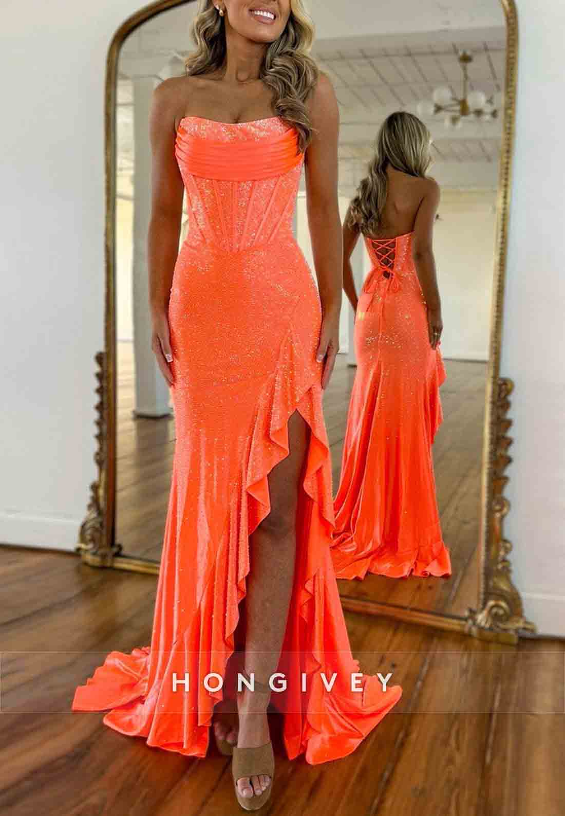 Sparkly Hot Pink Mermaid Strapless Long Beaded Prom Dress with Slit