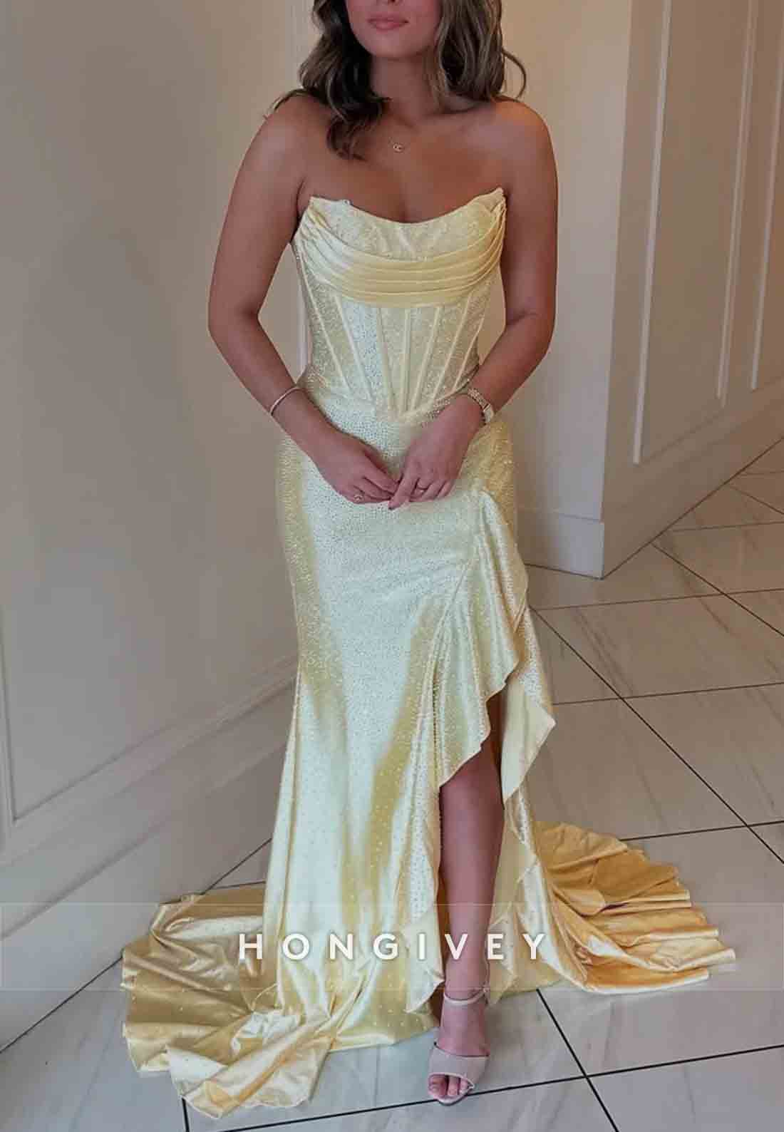 Sparkly Hot Pink Mermaid Strapless Long Beaded Prom Dress with Slit