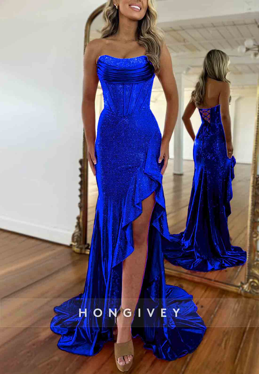 Sparkly Hot Pink Mermaid Strapless Long Beaded Prom Dress with Slit