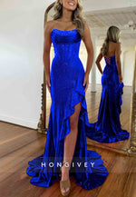 Sparkly Hot Pink Mermaid Strapless Long Beaded Prom Dress with Slit