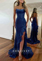 Sparkly Hot Pink Mermaid Strapless Long Beaded Prom Dress with Slit