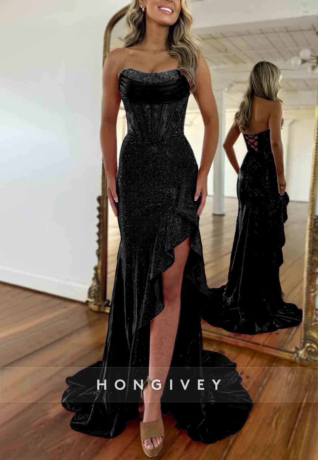 Sparkly Hot Pink Mermaid Strapless Long Beaded Prom Dress with Slit