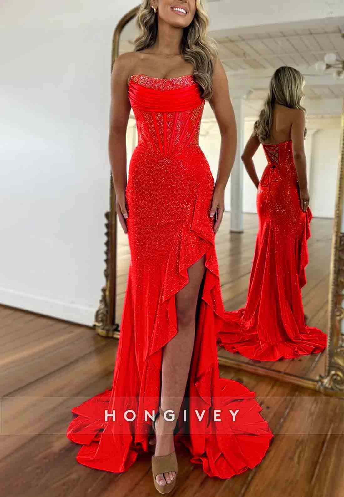 Sparkly Hot Pink Mermaid Strapless Long Beaded Prom Dress with Slit