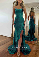 Sparkly Hot Pink Mermaid Strapless Long Beaded Prom Dress with Slit