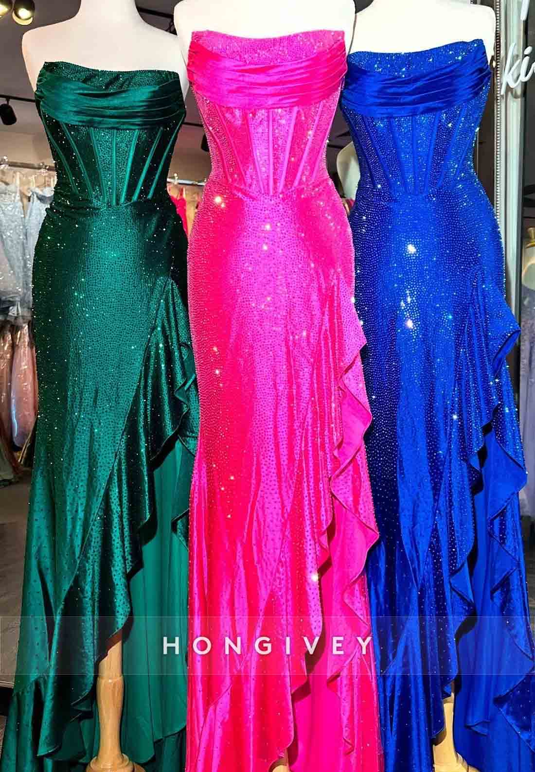 Sparkly Hot Pink Mermaid Strapless Long Beaded Prom Dress with Slit