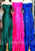 Sparkly Hot Pink Mermaid Strapless Long Beaded Prom Dress with Slit