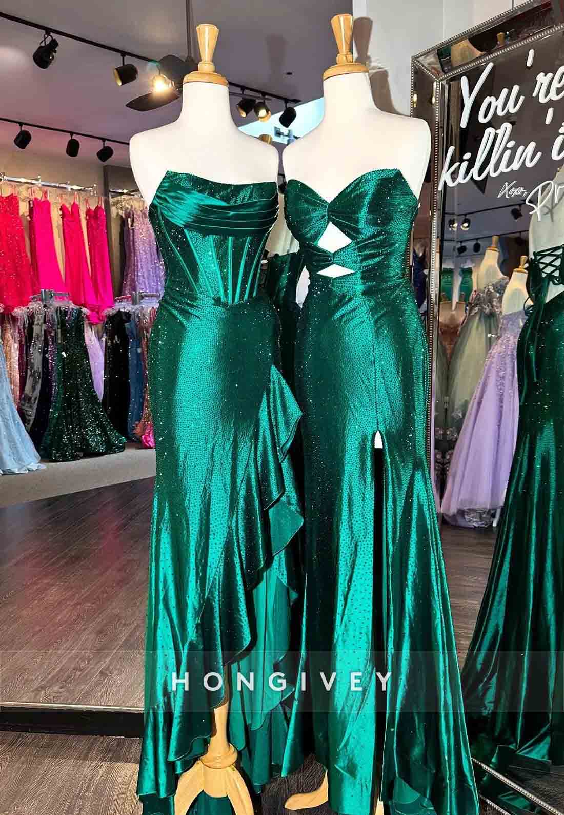 Sparkly Hot Pink Mermaid Strapless Long Beaded Prom Dress with Slit