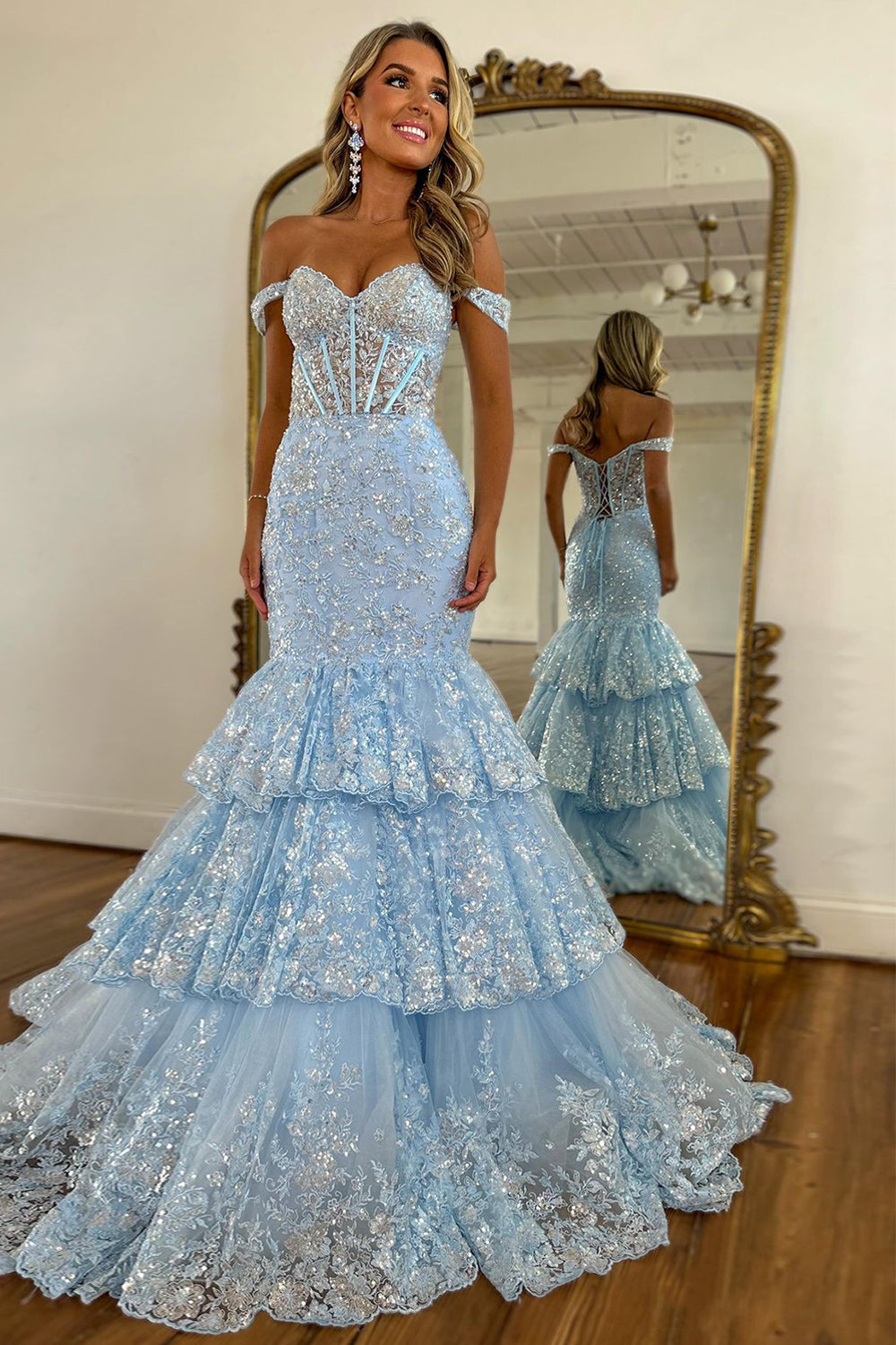 Sparkly Light Blue Mermaid Off The Shoulder Lace Up Long Prom Dress with Appliques