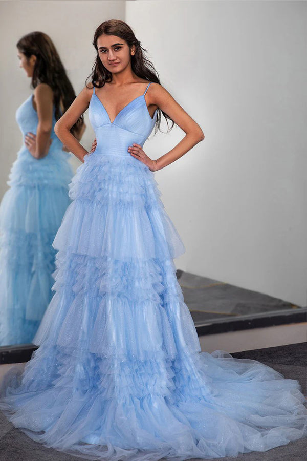 Sparkly Light Blue Tiered Tulle Long Prom Dress Party Dress