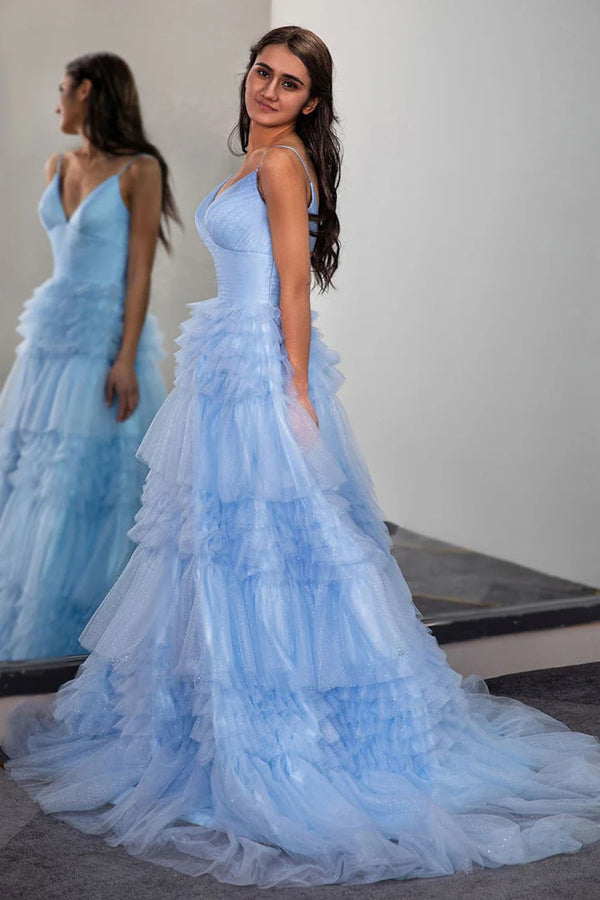 Sparkly Light Blue Tiered Tulle Long Prom Dress Party Dress