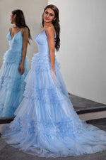 Sparkly Light Blue Tiered Tulle Long Prom Dress Party Dress