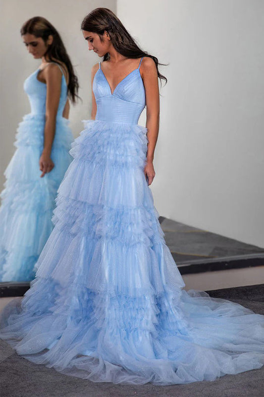 Sparkly Light Blue Tiered Tulle Long Prom Dress Party Dress