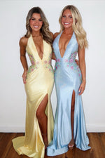 Sparkly Mermaid Halter Neck Yellow/Blue Long Prom Dress with Beading